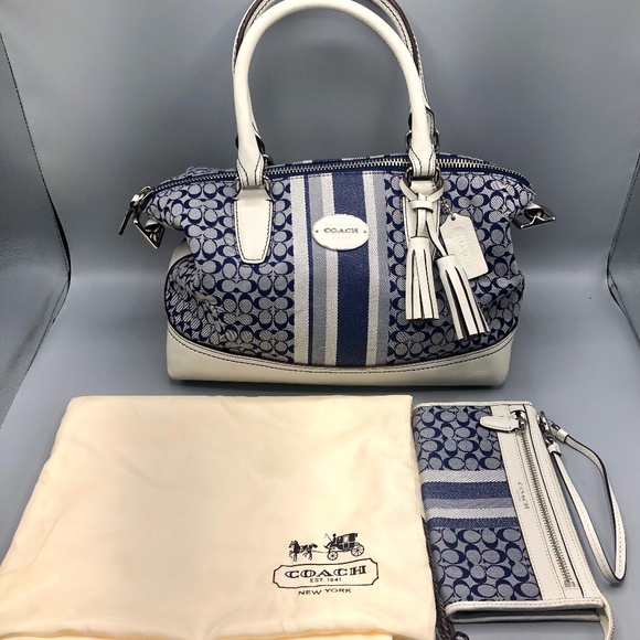Coach Legacy Denim Blue Signature Stripe Molly Tassel Satchel, Wristlet, Dustbag - Picture 1 of 16